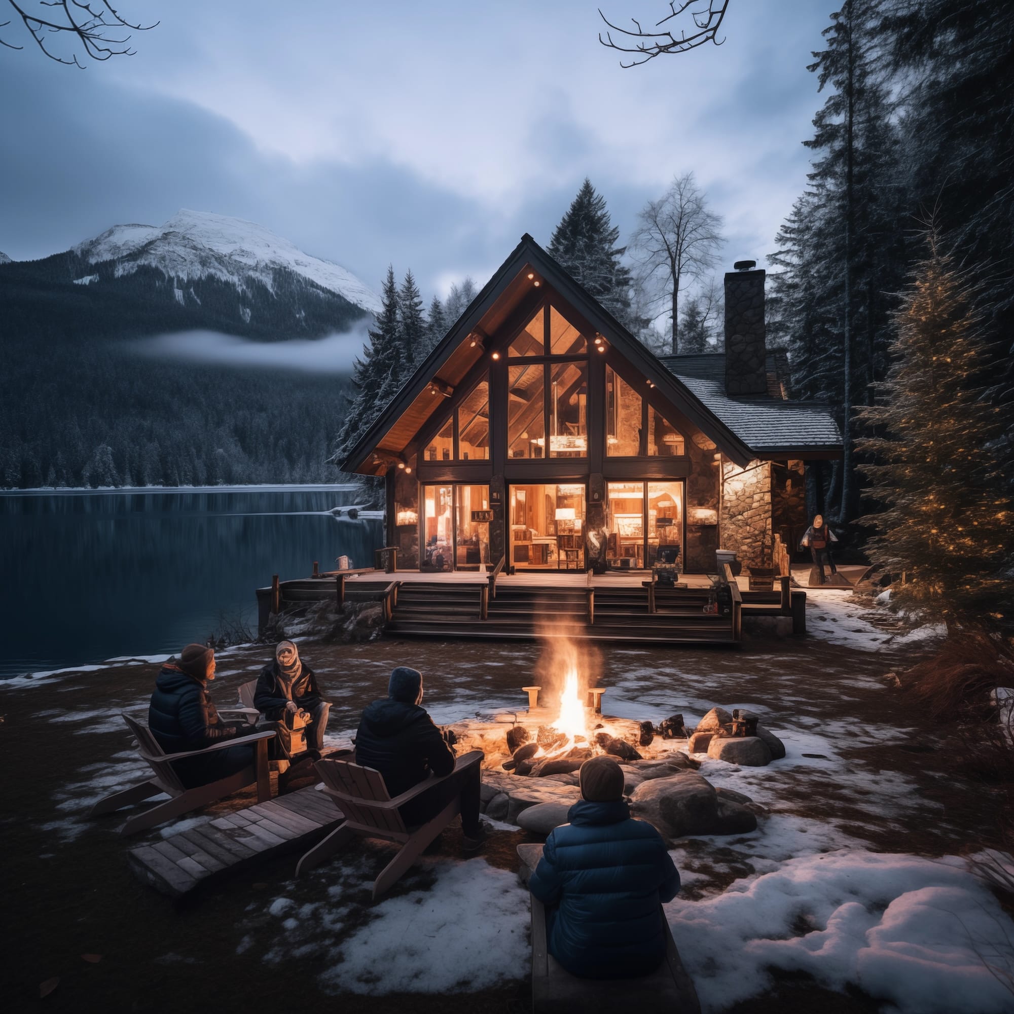 Family sitting around a fire pit in front of cabin